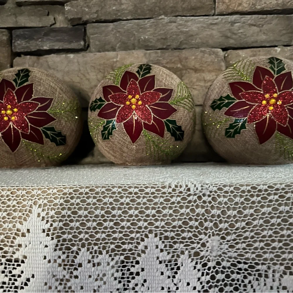 3 Round Burlap Festive Poinsettia lighted Holiday Balls On/off/timer decor - Picture 8 of 8